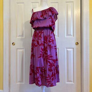 Old Navy Purple/Red Floral Tropical Print One Shoulder Ruffle Trim Midi Dress XL
